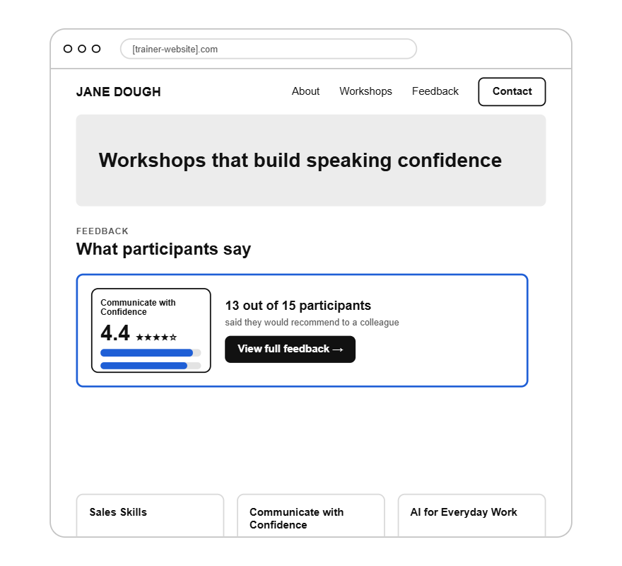 Trainer website displaying participant feedback with a link to the full Feedback Badge