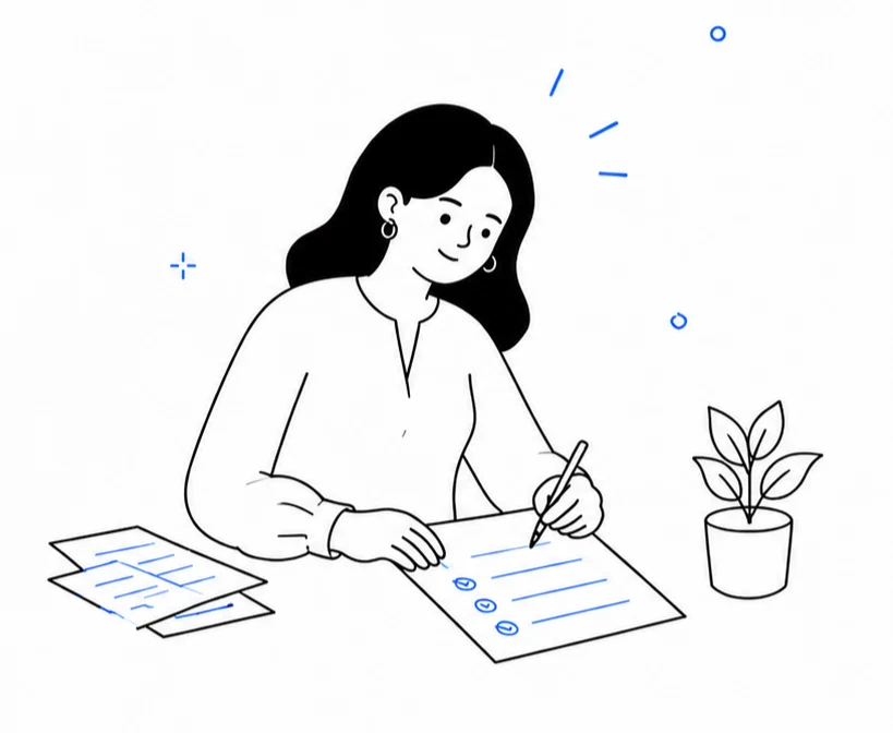 Illustration of a trainee smiling while filling out a feedback survey at a desk